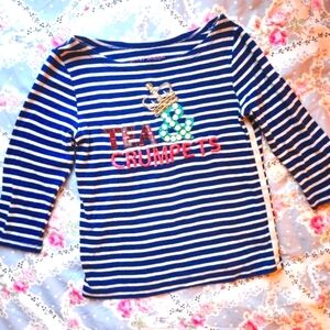 Mini Boden Tea and Crumpets Embellished Breton 3/4 Sleeve Tee